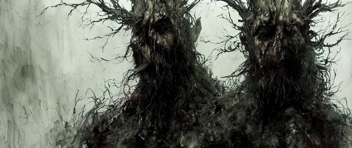 Image similar to concept art of treebeard from lord of the rings by emil melmoth zdzislaw beksinki craig mullins yoji shinkawa realistic render ominous detailed photo atmospheric by jeremy mann francis bacon and agnes cecile ink drips paint smears digital glitches glitchart