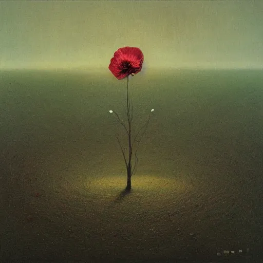 Prompt: a little flower in the middle of a deserted dark landscape, by Beksinski, hd,