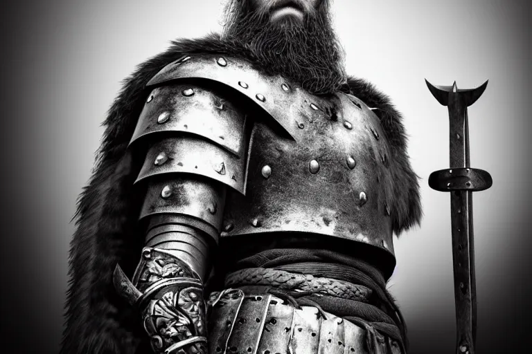 Image similar to still photo of viking warrior looking at the camera in a battlefield, black and white color aesthetic, highly detailed, photorealistic portrait, bright studio setting, studio lighting, crisp quality and light reflections, unreal engine 5 quality render