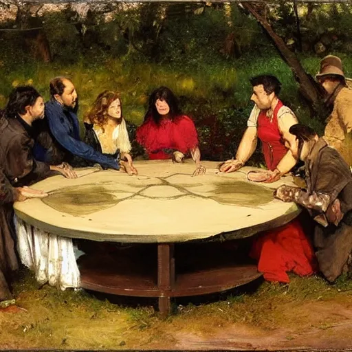 Image similar to rigorous, manmade by diego dayer, by howard pyle. a beautiful land art of a group of people standing around a circular table. in the center of the table is a large, open book. the people in the land art are looking at the book with interest & appear to be discussing its contents.