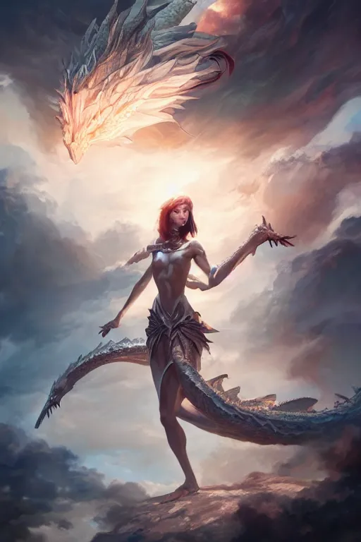 Prompt: stunning dynamic pose full body celestial goddess of dragons, 8k highly professionally detailed, hdr, CGSociety, dark fantasy, dynamic lighting, cinematic composition, pristine and clean design, cosplay, elegant, octane render, ray tracing, DAZ, art by rossdraws and greg rutkowski and Sarah Andersen,