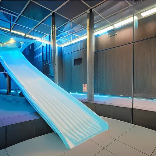 Prompt: waterslides between cubicles in an office, cinematic lighting, epic composition, highly detailed