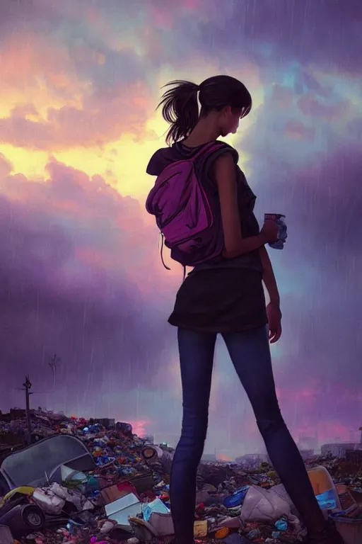 Prompt: beauty teenage girl in short with backpack looking at food at garbage dump, destroyed cars, city is pure wasteland, moody sunset background, rays of sunlights, ( ( ( rainy day, rainbow ) ) ), high details, sharp, photorealism, cinematic, greg rutkowski, alphonse mucha, trending on artstation, artgerm, unreal engine, highly detailed