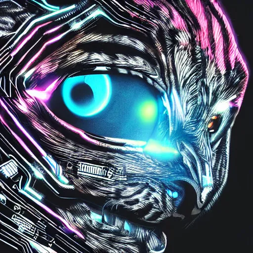 Image similar to eye of a cybernetic tiger, futuristic, cyberpunk, digital illustration, photo - realistic, macro, extremely detailed, vivid, neon, dramatic lighting, intricate details