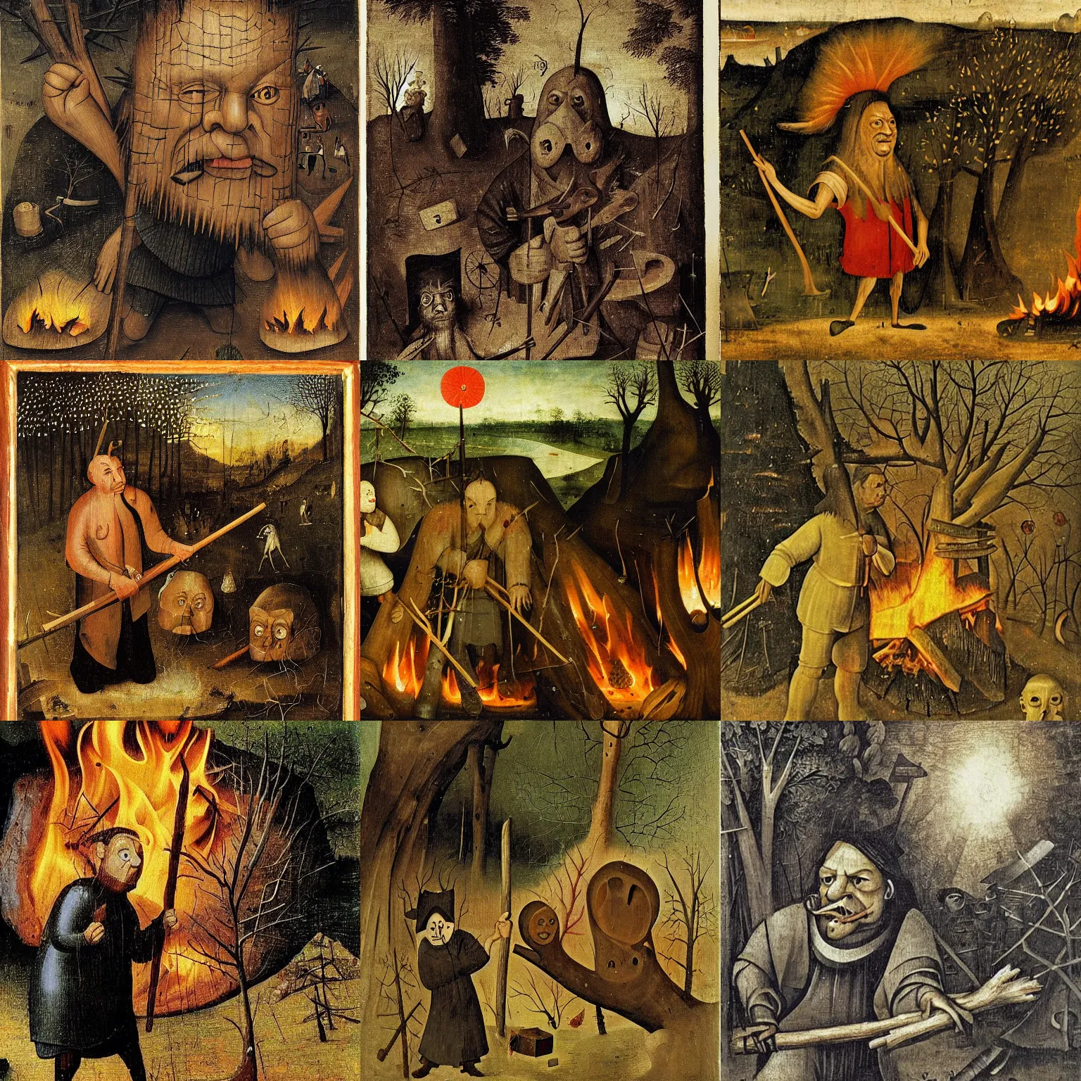 Prompt: viktor orban burning down a forest, holding a wood piece, highly detailed winking face, by hieronymus bosch
