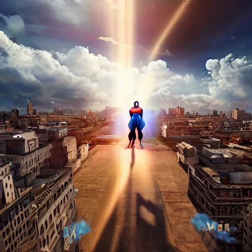 Image similar to a cinematic anime painting of superman stood on the roof of an abandoned cathedral, his face is lit by a strong beam of light shining in through a crack in the clouds, 8 k, movie still, wide angle