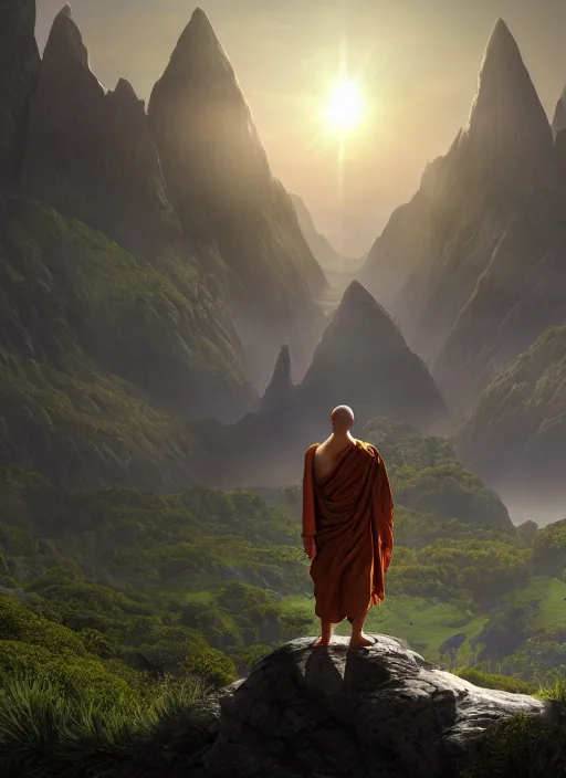 Prompt: a cosmic monk in lord of the rings scenery landscape, looking out at a vast lush valley at sunrise, gigantic temple of alien architecture in the distance, god's rays, highly detailed, vivid color, cinematic lighting, perfect composition, 8 k, gustave dore, derek zabrocki, greg rutkowski, belsinski, octane render