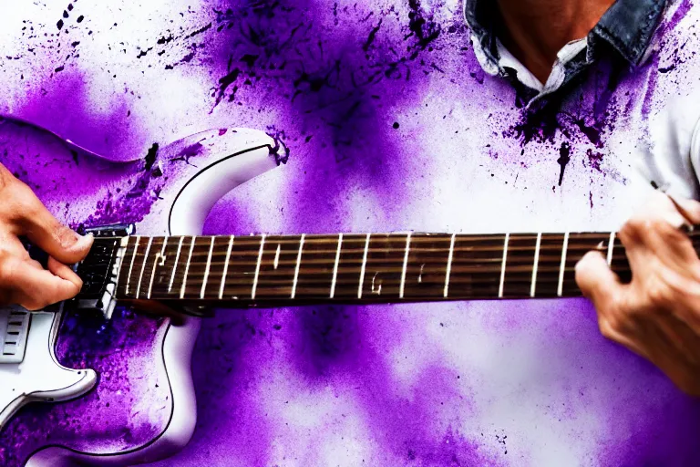 Prompt: dripping purple faded paint across the shape of a male human playing guitar, realistic, high detail, on a white damage background