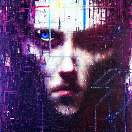Prompt: hyperrealistic portrait of a cyberpunk man, long hair, by Guy Denning, Johannes Itten, Russ Mills, glitch art, glowing eyes, bright, complex, hacking effects, glitch effects, looking straight, digital tech effects, cybernetics, detailed lines, chromatic, color blocking!, oil on canvas, highly detailed, symmetrical, octane, concept art, abstract, blue and black, 8k, cinematic, trending on artstation