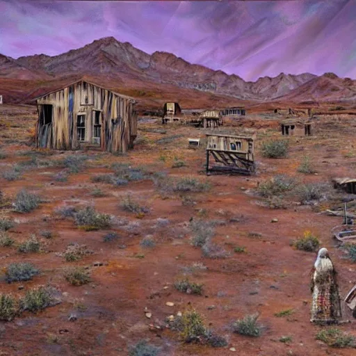 Prompt: western ghost town with creepy ghosts, art by alan bean