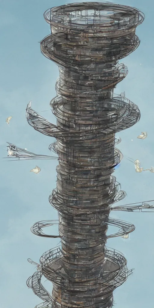 Prompt: concept art of a never - ending tower spiralling into the air