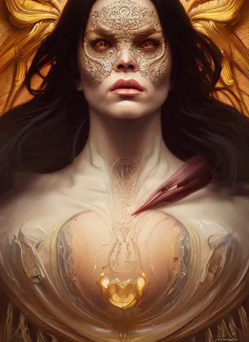 Image similar to preistess of the underworld, severe expression, crooked nose, shiny, intricate, elegant, highly detailed, ultra definition, digital painting, artstation, vray, concept art, smooth, high speed photography, illustration, art by artgerm and greg rutkowski and alphonse mucha and james jean