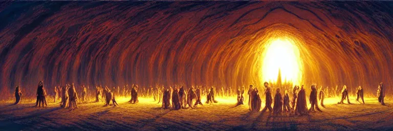 Prompt: a crowd of worshipers praying to a portal to hell, by Michael Whelan, luminous lighting, cinematic, panoramic, aspect ratio 1:3