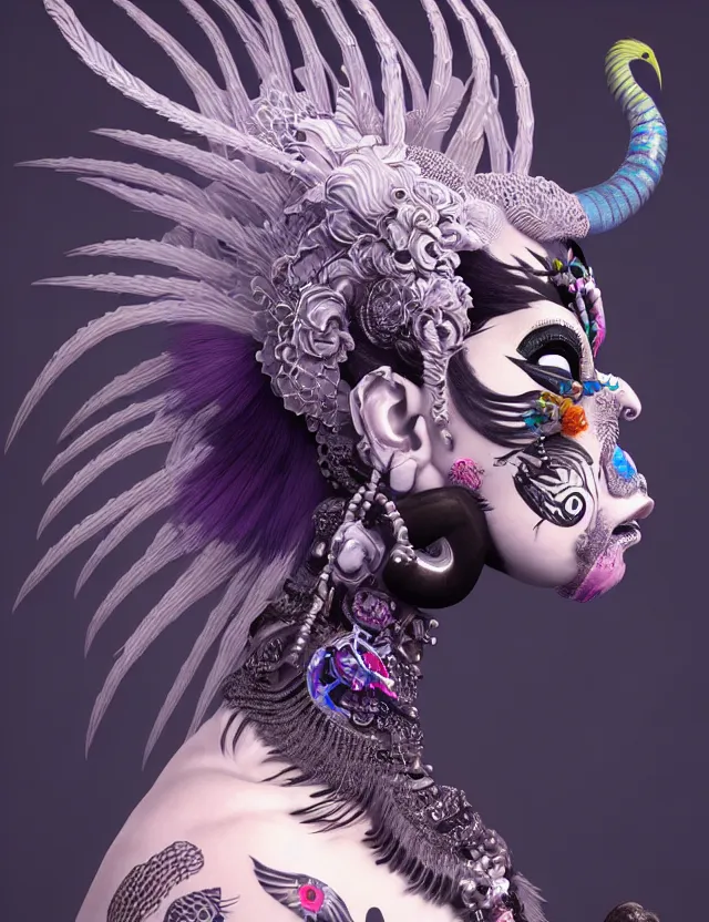 Image similar to 3 d goddess close - up profile portrait punk with mohawk with ram skull. beautiful intricately detailed japanese crow kitsune mask and clasical japanese kimono. betta fish, jellyfish phoenix, bio luminescent, plasma, ice, water, wind, creature, artwork by tooth wu and wlop and beeple and greg rutkowski