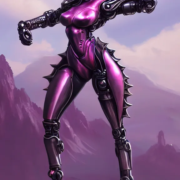 Image similar to extremely detailed giantess shot of a goddess that's a giant beautiful stunning anthropomorphic robot female dragon, standing majestically on a mountain, elegant pose, robot dragon claws, streamlined shiny silver metal armor, fuchsia skin below the armor, sharp metal claws, long elegant tail, detailed warframe fanart, destiny fanart, high quality digital art, giantess art, furry art, warframe art, furaffinity, DeviantArt, artstation, 8k HD, octane render