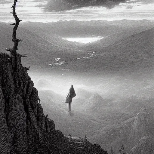 Prompt: A lonely widow looks from a mountaintop, mountains, gorgeous view, velly distant forest, distant city, distant glow, night, sunset, dramatic light, Chiaroscuro, long shadows, dark, masterpiece, high detail, detailed, illustration by Paul Gustave Doré