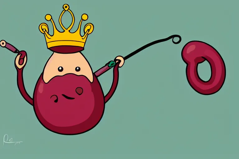 Image similar to kidney bean holding a staff, wearing crown, cartoon character, digital art, fun,