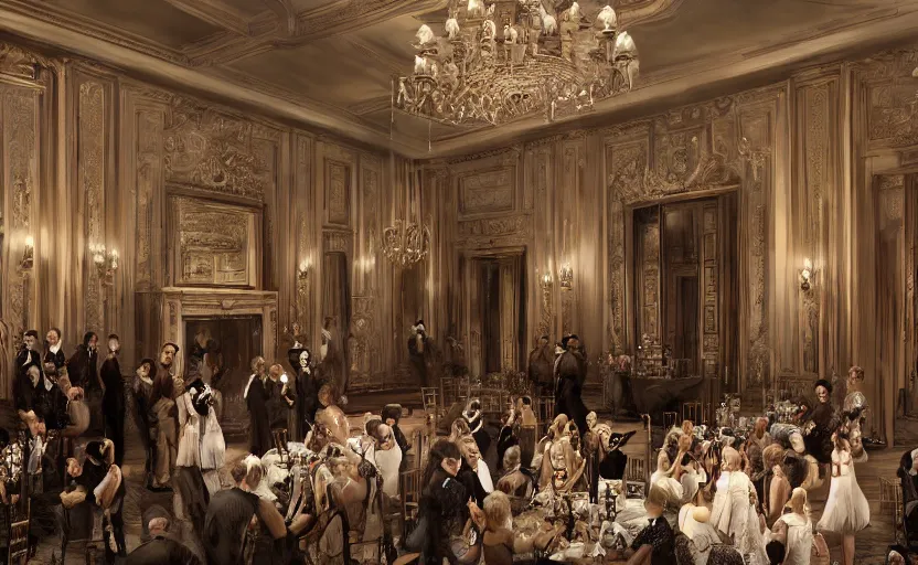 Image similar to realist digital painting of a 1 9 2 0 s grand party in a beautiful mansion, many partygoers, strong contrast, unreal engine, hyper realism, realistic shading, cinematic composition, realistic render, octane render, detailed textures, photorealistic, ultrawide shot, 3 5 mm film