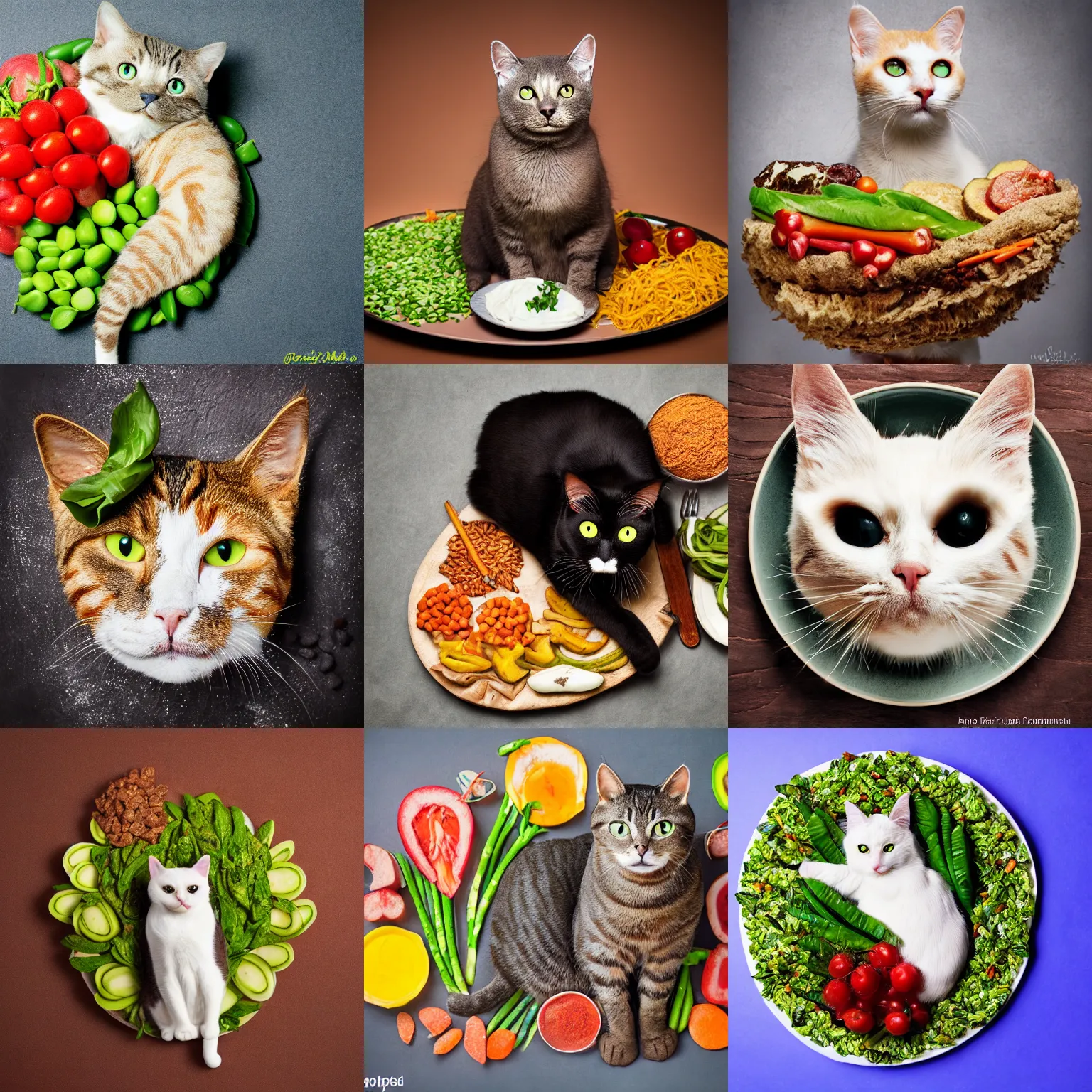 Prompt: cat made of food. professional food photography.