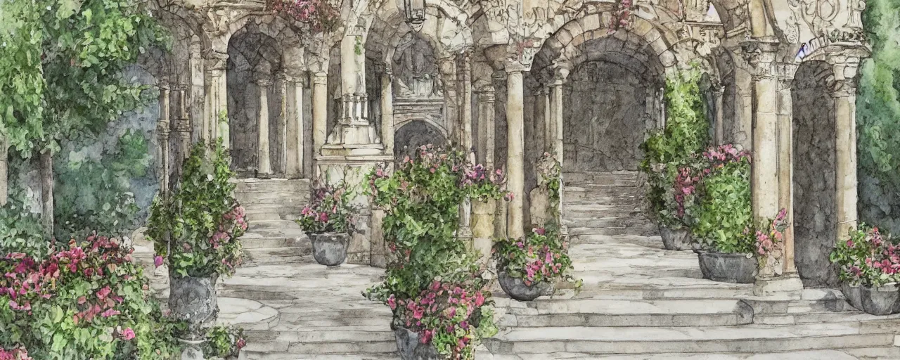 Image similar to courtyard walkway, fountain, castle, stairway, chairs, wrought iron, gate, botanic garden, botanical herbarium paper, watercolor colored painting, iridescent colors, realistic shaded, fine, artstation, italian style, colonnade ornate headdress, craving, carved, insanely detailed