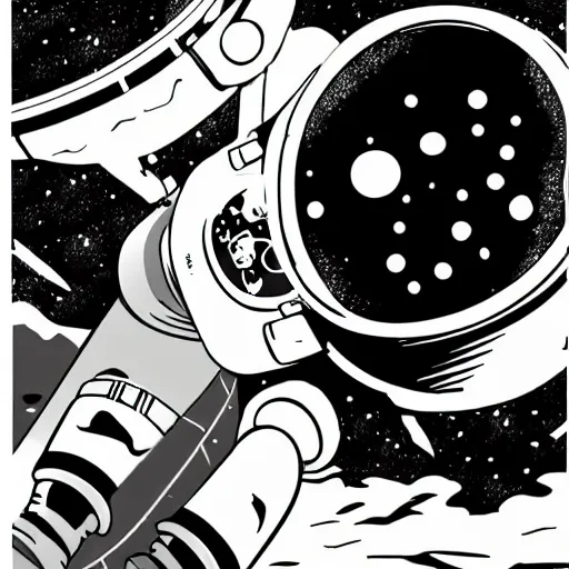 Prompt: an astronaut drinking bubble tea in space, manga style, black and white