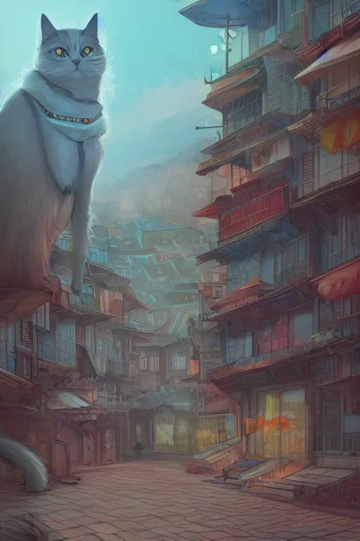 Image similar to zagayud, city in cat body, realistic, art by jacqueline e, color by tafy laplanche, background by bo feng lin