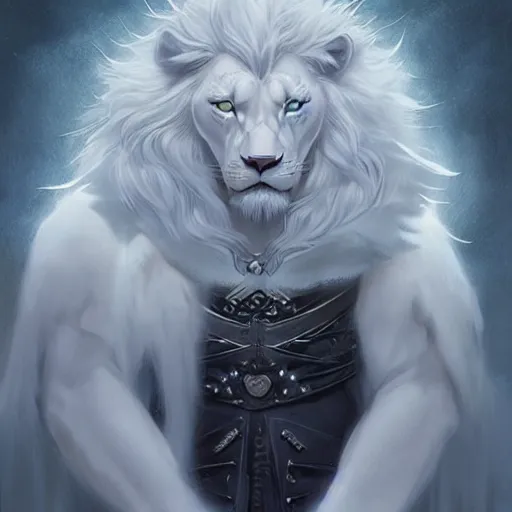 Image similar to anthropomorphic male muscular albino white lion, wearing beautiful game of thrones outfit, darkness aura, fantasy, mysterious low key lighting, winter blizzard atmosphere, high contrast portrait, character design by charlie bowater, ross tran, artgerm, and makoto shinkai, detailed, inked, western comic book art, 2 0 2 1 award winning film poster paintingy