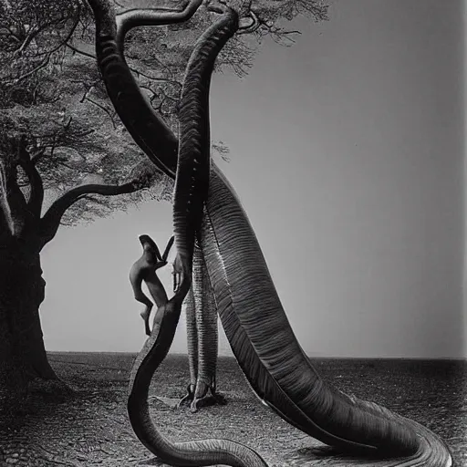 Image similar to by brett weston, by paul gustave fischer delicate, highly detailed. a computer art of a large, looming creature with a long, snake body. many large, sharp teeth, & eyes glow. wrapped around a large tree, bent under the weight. small figure in foreground, a sword, dwarfed by the size of the creature.