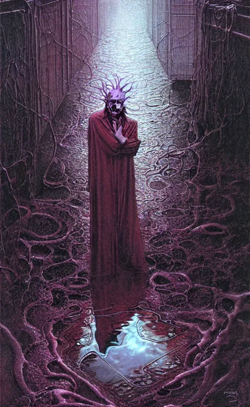 Prompt: a character reflection in a puddle by wayne barlowe, horror style, gritty, distopian