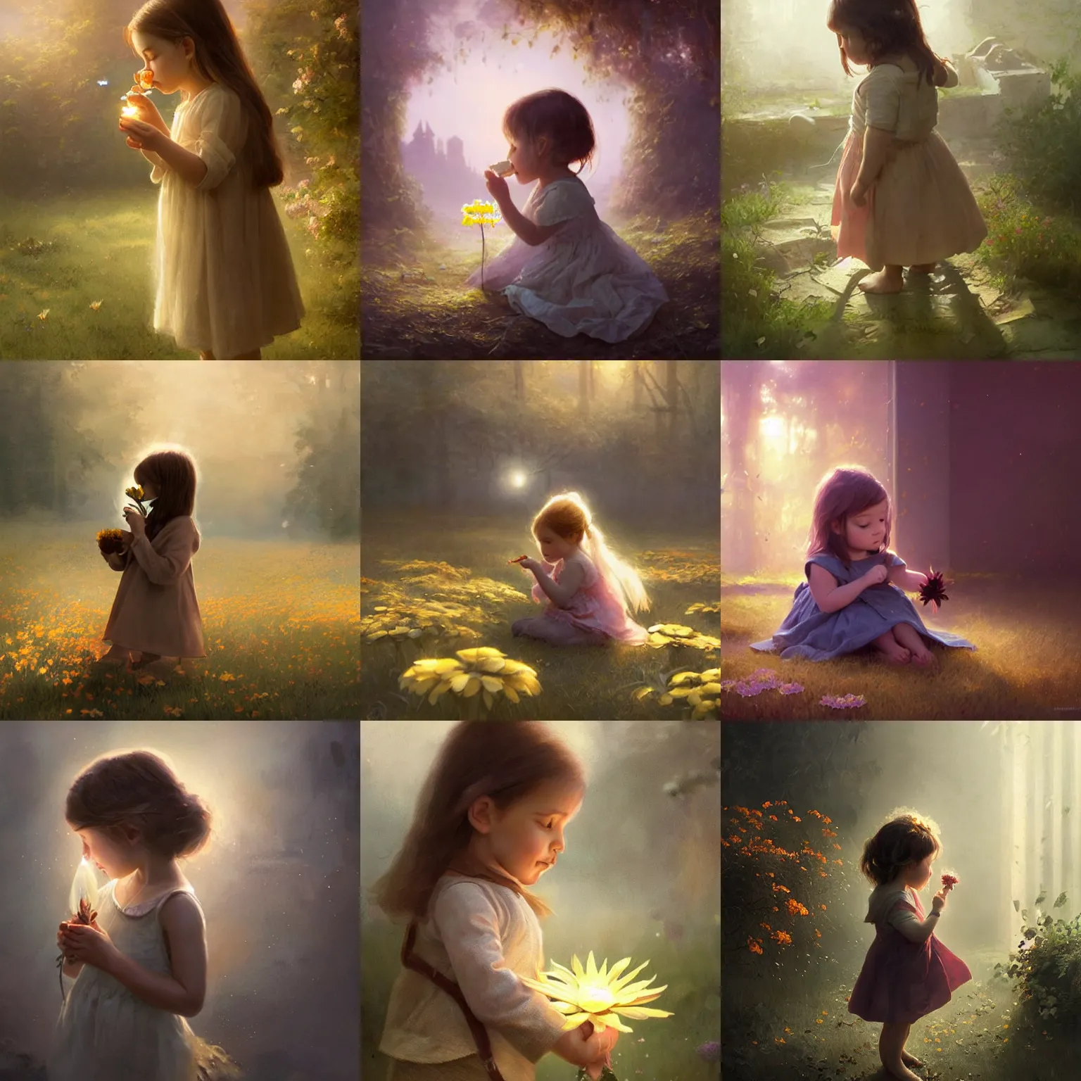 Prompt: cute 2 year old girl with light brown hair sniffing a flower. soft lighting. warm brilliance. magical atmosphere. matte painting by greg rutkowski.