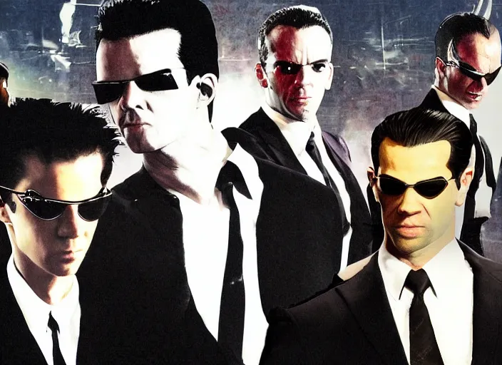 Image similar to portrait of tommy tallarico dressed as agent smith from the matrix surrounded by multiple tommy tallarico dressed as agent smith from the matrix with matrix filter