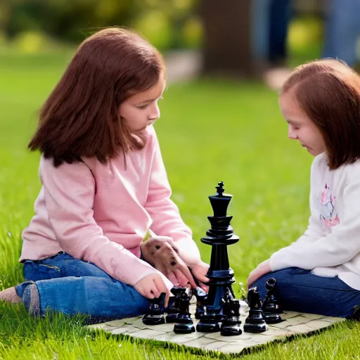 Prompt: light brown and black havanese puppy playing chess against a young girl