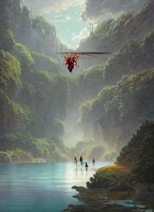 Image similar to A beautiful digital painting of an ornithopter landing platform, crystal lake, lovely valley by Stanley Artgerm Lau, Rossdraws, James Jean, gerald brom, Andrei Riabovitchev, Marc Simonetti, and Sakimichan, trending on artstation