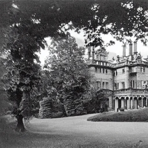 Image similar to edwardian photograph of a huge mansion, in the countryside, grainy, 1 9 1 0 s, 1 9 2 0 s, blurry, victorian, detailed