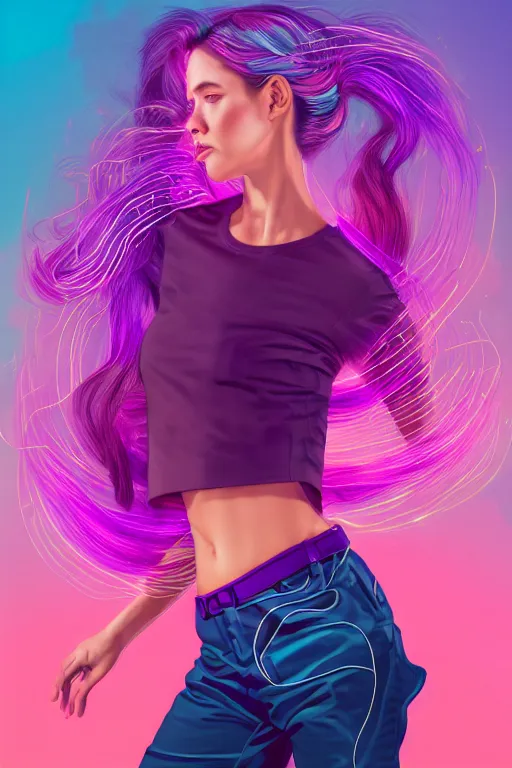 Image similar to a award winning half body portrait of a beautiful woman in a croptop and cargo pants with ombre purple pink teal hairstyle with head in motion and hair flying, surrounded by whirling illuminated lines, outrun, vaporware, shaded flat illustration, digital art, trending on artstation, highly detailed, fine detail, intricate