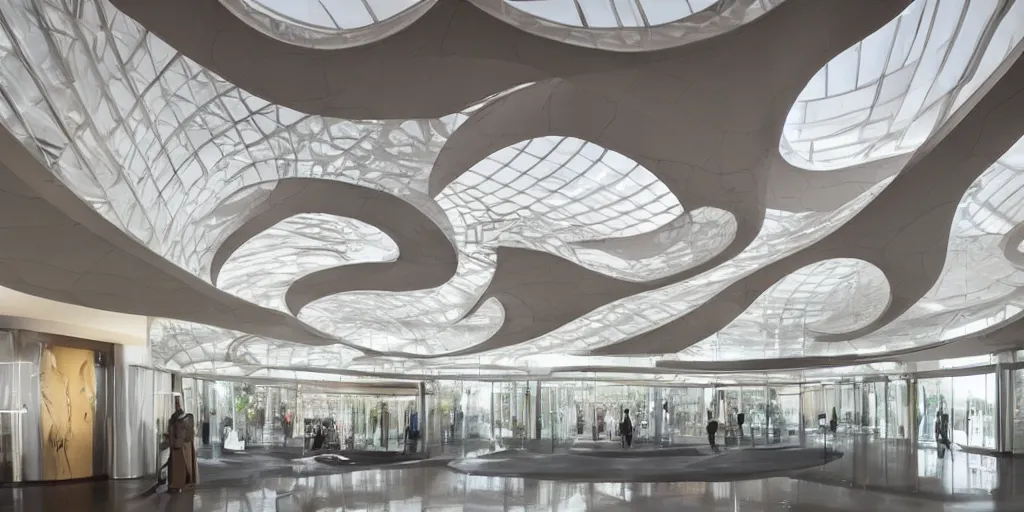 Image similar to extremely detailed stunning beautiful futuristic smooth curvilinear museum lobby interior