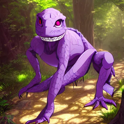 Image similar to concept art painting of an anthropomorphic purple gray anime reptile humanoid, in the deep forest, realistic, detailed, cel shaded, in the style of makoto shinkai and greg rutkowski and james gurney