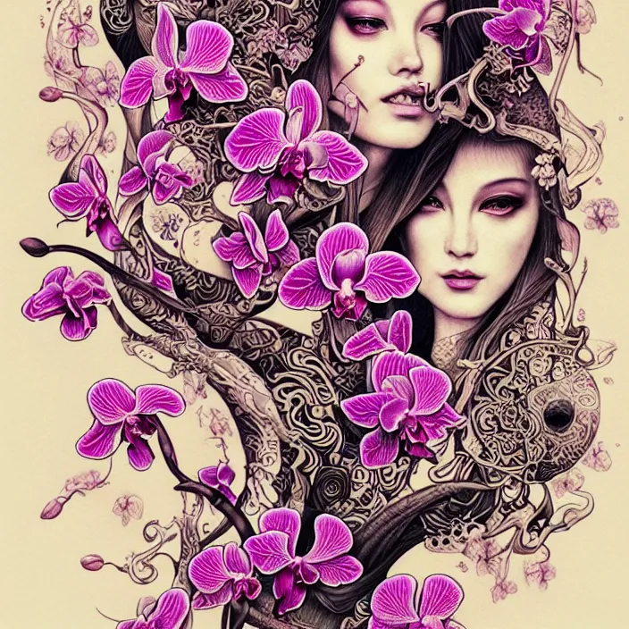 Image similar to extremely psychedelic tattoo design made of orchid and cherry blossom tree and mushroom, LSD tattoo design, diffuse lighting, fantasy, intricate, elegant, highly detailed, lifelike, photorealistic, digital painting, artstation, illustration, concept art, smooth, sharp focus, art by John Collier and Albert Aublet and Krenz Cushart and Artem Demura and Alphonse Mucha