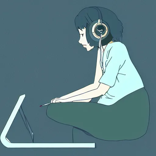 Prompt: a side view of a girl sitting on her desktop writing something headphones on, hand on her chin, digital art, anime, ghibli style