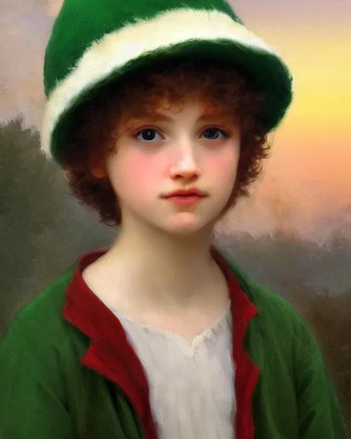 Image similar to beautiful glorious realistic oil painting of young kyle broflovski in green hat, bokeh, baroque style by bouguereau, sunset, highly detailed, 8 k intricate