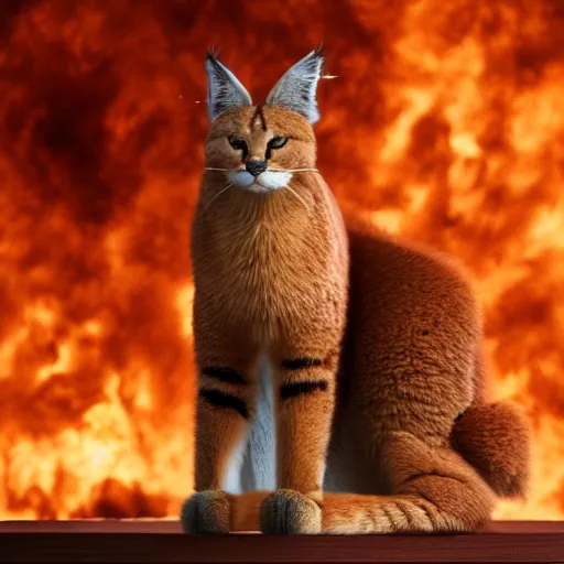 Image similar to wide-angle photo of fluffy caracal sitting on a wooden chair in a room, flames of fire at background, octane render, 3d, 8k, hd, studio light