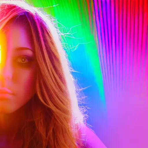 Image similar to goldenhour selfie photo of a stunningly beautiful model with large symmetrical violet eyes and flowing iridescent hair, rainbow light spectrum caustics and shadows cast by the blinds