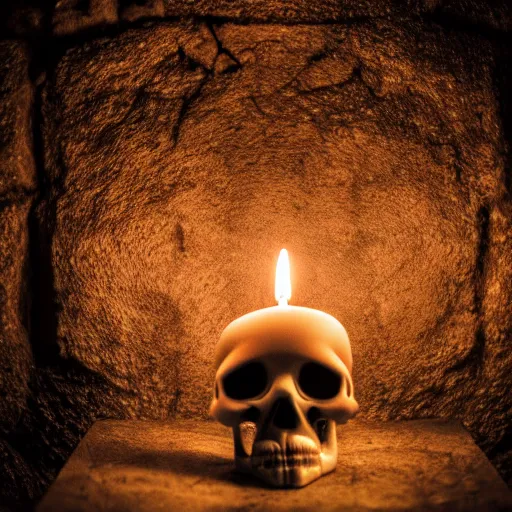 Prompt: a skull in a dark dungeon lit only by candle light, dslr photo, cinematic lighting, shallow depth of field