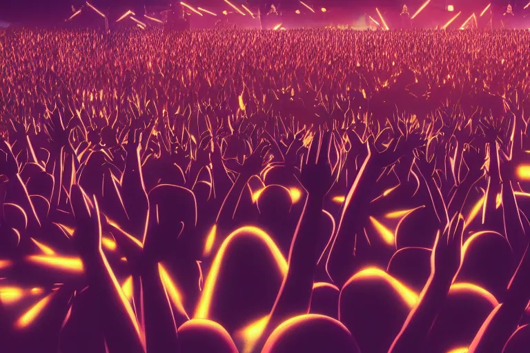 Prompt: crowd partying with their hands up at a festival, silhouette, moving head light beams, digital art, trending on artstation, 4k, unreal engine, intricate, ornate