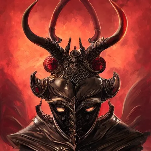 Prompt: An ornate front facing helm with large horns, Black steel with red trim, engulfed in blood red energy, intricate, elegant, highly detailed, digital painting, artstation, concept art, smooth, sharp focus, illustration, art by anato Finnstark and Peter mohrbacher,