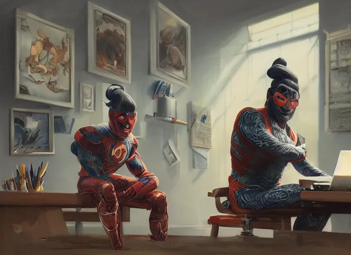 Image similar to an insanely detailed painting of an asian man wearing a homemade superhero costume, sitting at a desk, staring seriously at the computer and typing, in the style of peter mohrbacher, james jean, artgerm, dramatic lighting and composition, surreal background, octane render, pixar, trending on artstation, concept art, comic book, view from behind, 8 k