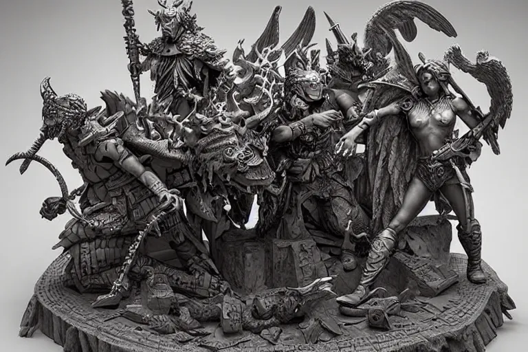 Prompt: an intricate 3d sculpture of the battle for good and evil with angels and demons by kris kuksi