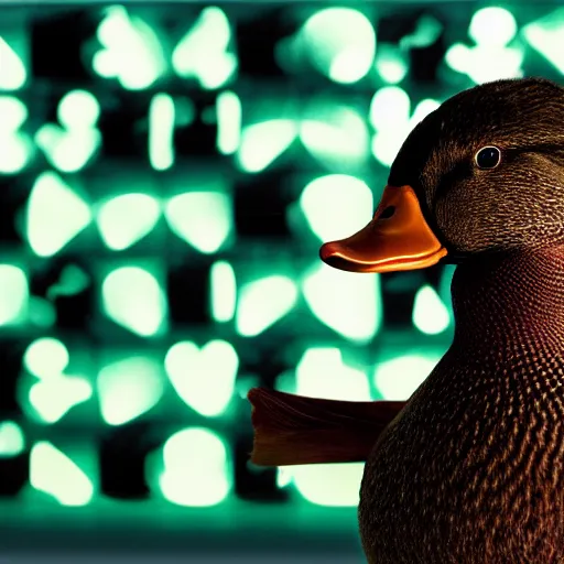 Prompt: A duck playing chess in front of gigantic 8-segment display showing 'Lc0' characters