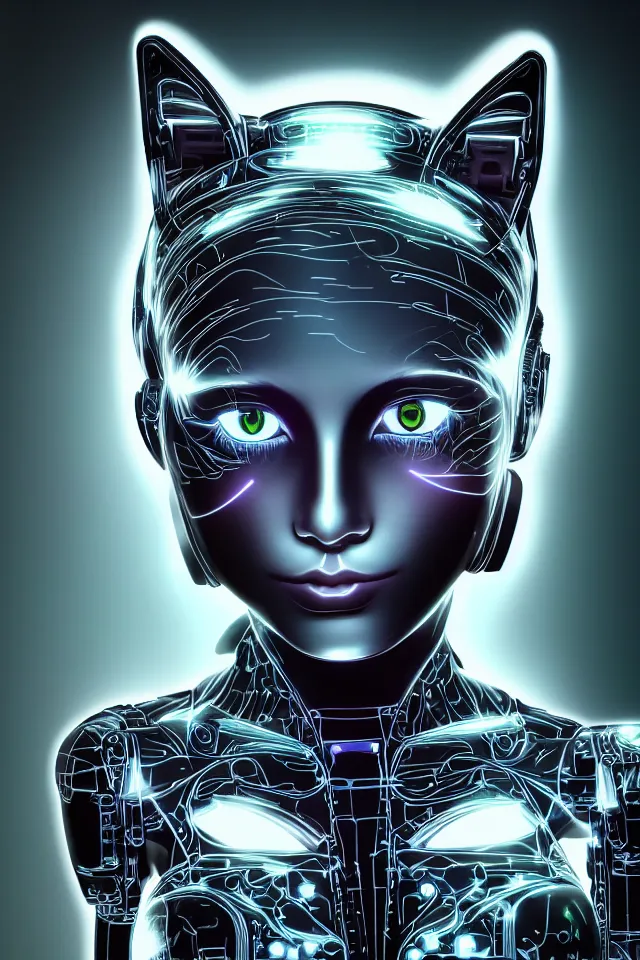 Prompt: detailed photo of the half - cybernetic catgirl, symmetry, awesome exposition, very detailed, highly accurate, intricate, professional lighting diffracted lightrays, 8 k, sense of awe, science magazine cover
