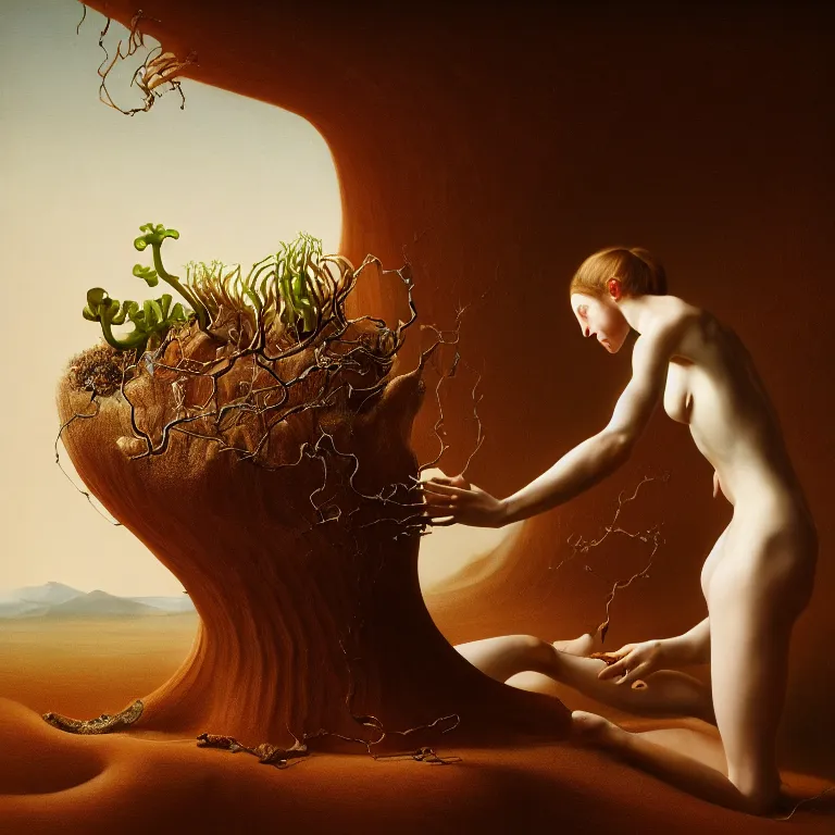 Prompt: carnivorous plant eating young white woman, in desert, dune, baroque painting, beautiful detailed intricate insanely detailed octane render trending on Artstation, 8K artistic photography, photorealistic, chiaroscuro, Raphael, Caravaggio